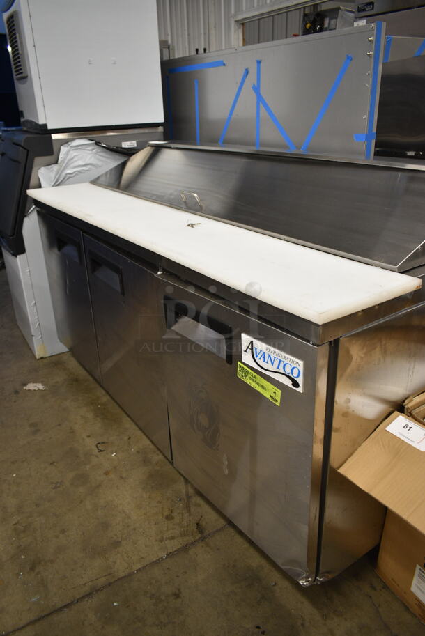 BRAND NEW SCRATCH AND DENT! 2024 Avantco 178APT71HC Stainless Steel Commercial 70" 3 Door Refrigerated Sandwich Prep Table on Commercial Casters. 115 Volts, 1 Phase. Tested and Working!  - Image 3 of 12
