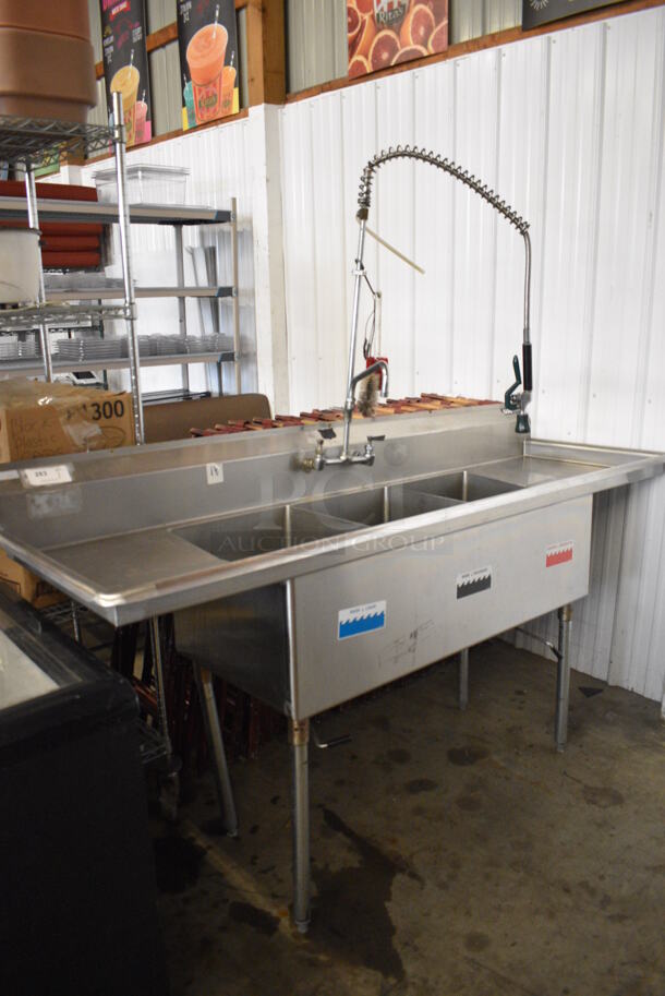 Duke Stainless Steel Commercial 3 Bay Sink w/ Dual Drainboards, Faucet, Handles and Spray Nozzle Attachment. 84x30x46. Bays 16x21x13. Drainboards 16x23x1