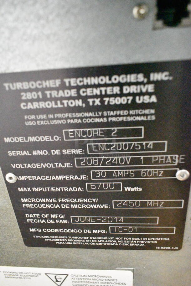 2014 Turbochef Encore 2 Metal Commercial Countertop Electric Powered Rapid Cook Oven. 208/240 Volts, 1 Phase.  - Image 7 of 7