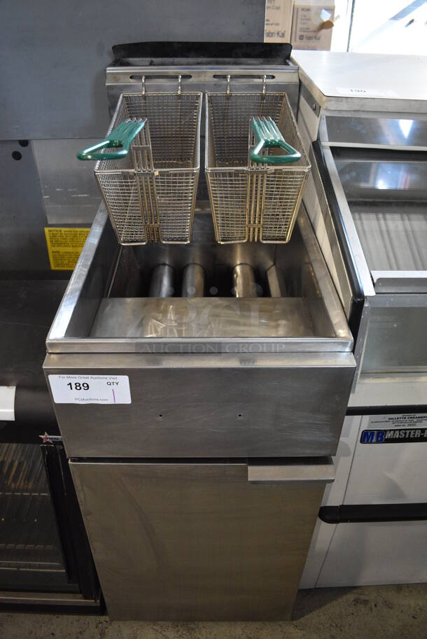 Stainless Steel Commercial Natural Gas Powered Floor Style Deep Fat Fryer w/ 2 Metal Fry Baskets. 15.5x30x40