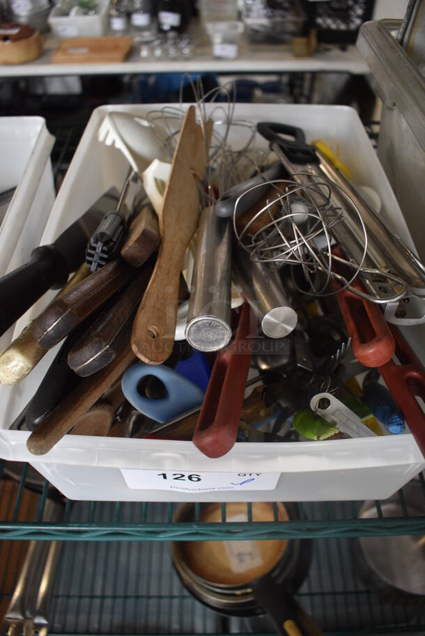 ALL ONE MONEY! Lot of Various Utensils Including Whisks and Scrapers in Poly Bin!
