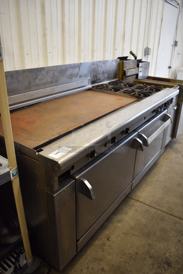 Imperial Stainless Steel Commercial Natural Gas Powered 4 Burner Range w/ Flat Top Griddle, 2 Ovens and Back Splash on Commercial Casters. 72x32x46 - Image 7 of 7