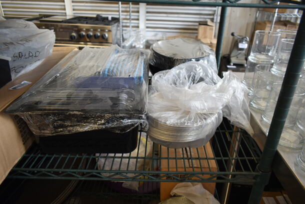 ALL ONE MONEY! Lot of Various Items on Shelving Unit Including Utensils, Serving Trays and Metal Dome Covers. Does Not Include Shelving Unit.  - Image 8 of 12
