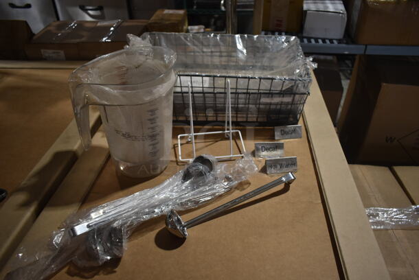 BRAND NEW! Box of Various Items Including 2 Baskets, 1 Ice Scooper, 2 Pitchers, 3 Sign Tents and 6 Ladles - Item #1109353