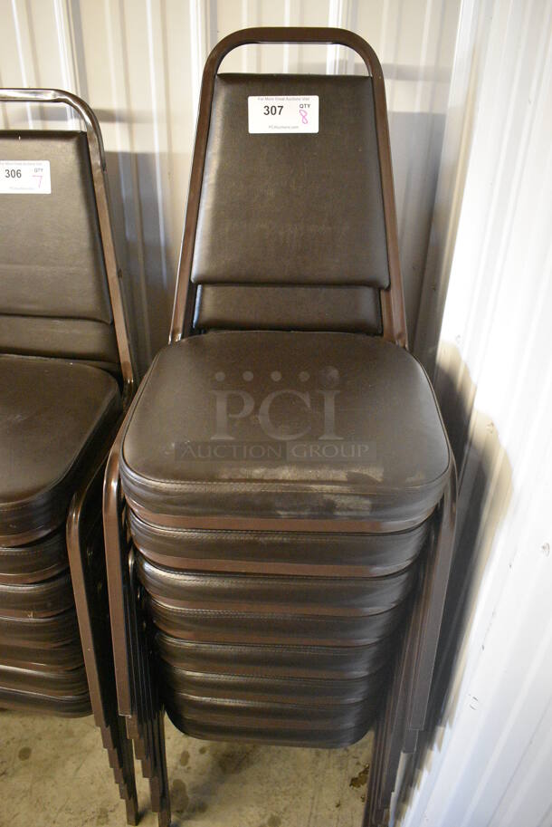 8 Brown Metal Stackable Banquet Chairs w/ Seat Cushions. 18x21x33. 8 Times Your Bid!