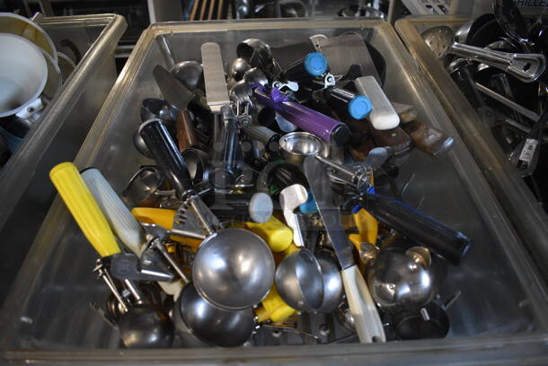 ALL ONE MONEY! Lot of Various Utensils Including Scoopers and Spatulas in Clear Poly Bin!