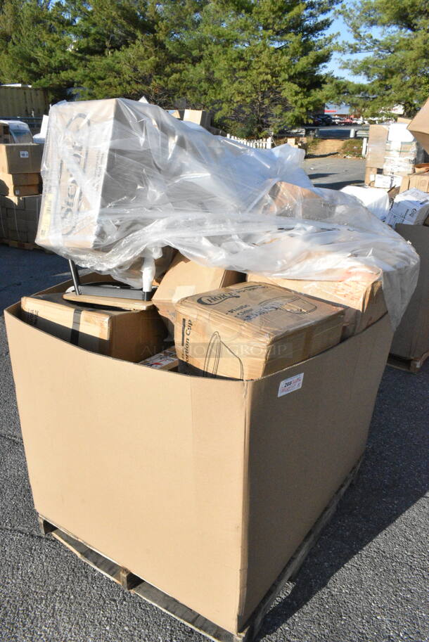 18 BRAND NEW Boxes Including 760VP130 Carnival King 130 oz. Popcorn Bucket - 150/Case, Dart 85MFPPHT3 ProPlanet 8 5/16" x 8" x 3" White Mineral-Filled 3 Compartment Hinged Lid Takeout Container. 18 Times Your Bid!  - Image 1 of 12