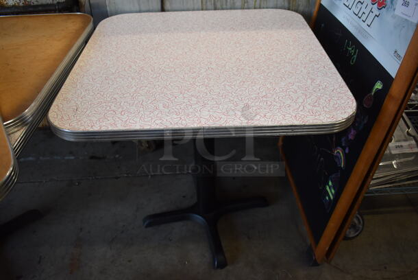 2 White Square Dining Height Table w/ Red and Gray Pattern on Black Metal Base. 30x30x30
