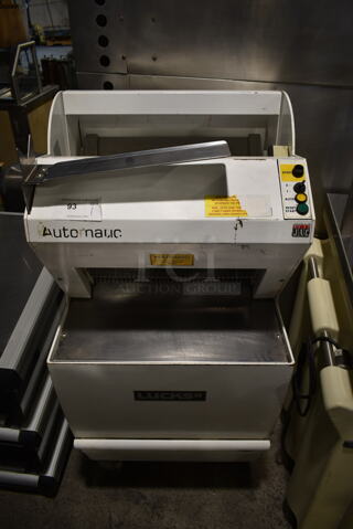 JAC ECN 450/12 Metal Commercial Floor Style Bread Loaf Slicer on Commercial Casters. 110 Volts, 1 Phase. Cannot Test - Unit Needs New Control Buttons
