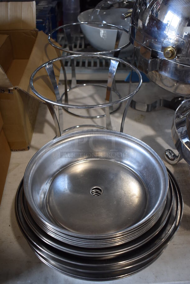 ALL ONE MONEY! Lot of Items on Tabletop Including Chafing Dish Frames, Metal Dome Lids, Glasses and Wooden Boxes. - Image 11 of 12