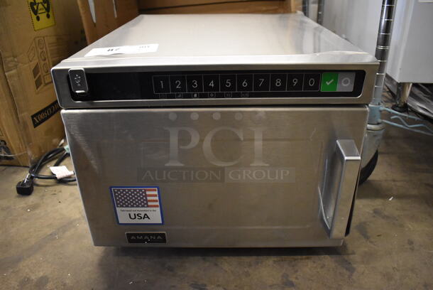 BRAND NEW IN BOX! 2022 Amana HDC18SD2 Stainless Steel Commercial Countertop Heavy Duty Microwave Oven with Solid Door. 208/240 Volts, 1 Phase. 17x21x14. Tested and Working!