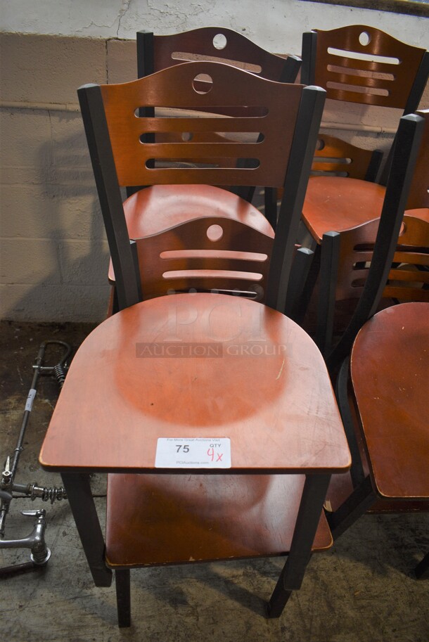 4 Wooden Dining Chairs on Black Metal Frame. Stock Picture - Cosmetic Condition May Vary. 17x17x33. 4 Times Your Bid!
