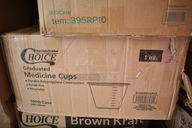 PALLET LOT of 30 BRAND NEW Boxes Including 50020W Choice 20 oz. White Poly Paper Hot Cup - 600/Case, 4 Box 130WSSPOON Choice Medium Weight White Plastic Soup Spoon - 1000/Case, 77000049 Solut 00049 6 3/4" x 5" Clear PET Smooth Wall Lid for Small Rectangle Tray - 300/Case, 346MEDCUP1Z Choice 1 oz. Disposable Polypropylene Graduated Medicine Cup - 5000/Case, 395RP10 EcoChoice Compostable Sugarcane / Bagasse 10" Plate - 500/Case, 130APPFRKSLV Visions 4" Silver Plastic Tasting Fork - 400/Case. 30 Times Your Bid!  - Image 6 of 12