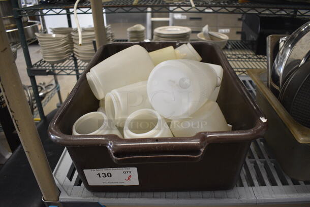 ALL ONE MONEY! Lot of Poly Bottles in Brown Poly Bus Bin! Includes 5x4x6.5 - Image 1 of 4