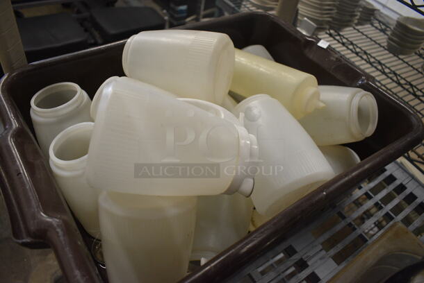 ALL ONE MONEY! Lot of Poly Bottles in Brown Poly Bus Bin! Includes 5x4x6.5 - Image 3 of 4