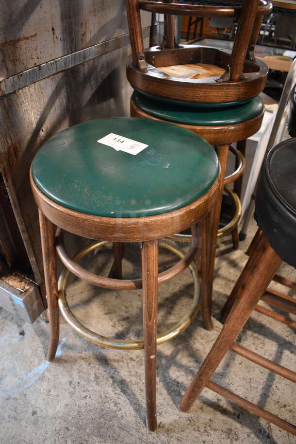3 Wooden Stools w/ Green Seat. 18x18x31. 3 Times Your Bid! - Image 2 of 2