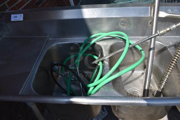 Stainless Steel Commercial 3 Bay Sink w/ Dual Drainboards, Handles, Faucet and Spray Nozzle. Legs Need To Be Attached. 89x26x44. Bays 16x20x14. Drainboards 20x22x2 - Image 3 of 5