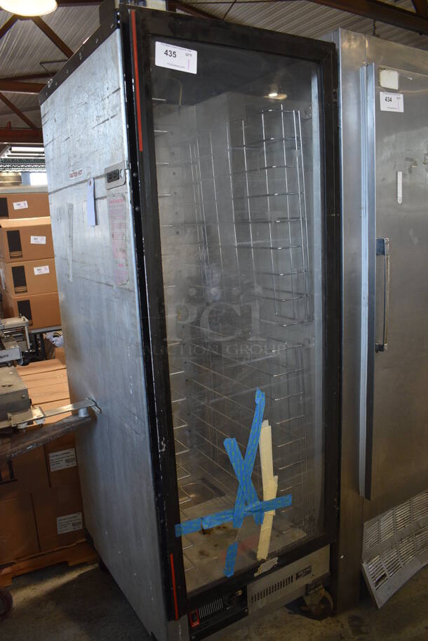 Metro Metal Commercial Single Door Warming Cabinet on Commercial Casters. See Pictures for Door Damage. 25x32x74.5. Tested and Working!