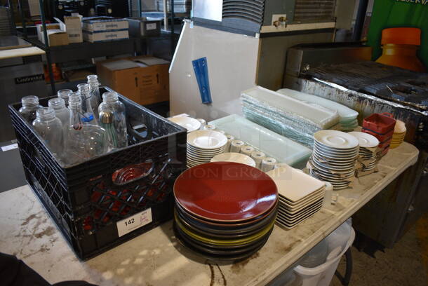 ALL ONE MONEY! Lot of Various White Ceramic Plates, Saucers, Mugs and Glass Plates and Bottles