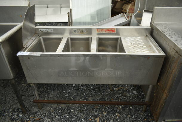 Stainless Steel Commercial 3 Bay Bar Sink w/ Right Side Drain Board. Bays 10x14. Drain Boards 11x15 - Image 1 of 6