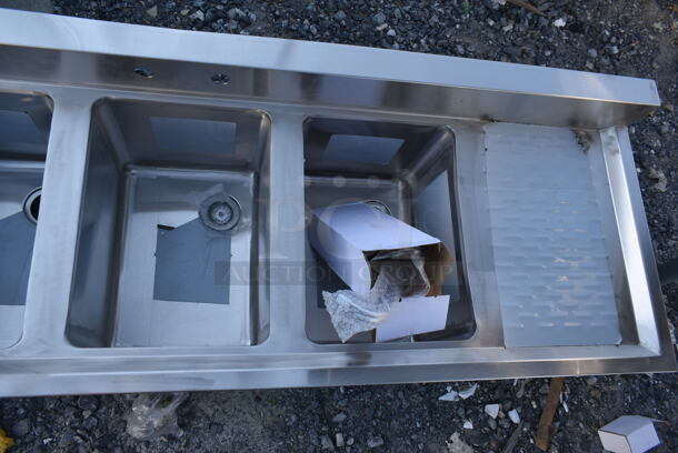 BRAND NEW SCRATCH AND DENT! Regency 600B31014213 Stainless Steel Commercial 3 Bay Back Bar Sink w/ Dual Drain Boards. No Legs. Bays 10x14. Drain Boards 11x15 - Image 3 of 4