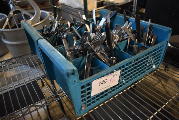 ALL ONE MONEY! Lot of 2 Blue Poly Silverware Caddies w/ Utensils - Image 3 of 3