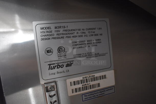 Turbo Air M3R19-1 Stainless Steel Commercial Single Door Reach In Cooler. 115 Volts, 1 Phase. 25x32x73. Tested and Powers On But Does Not Get Cold - Image 5 of 5