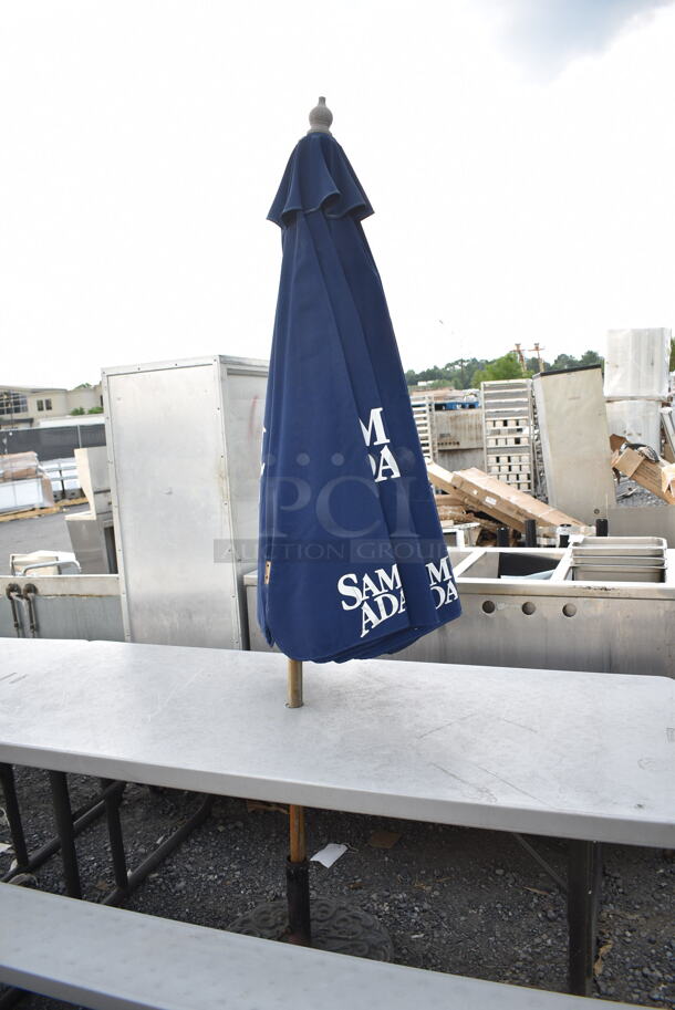 Lifetime Gray Poly Picnic Table on Black Metal Frame w/ Samuel Adams Patio Umbrella.  - Image 3 of 5