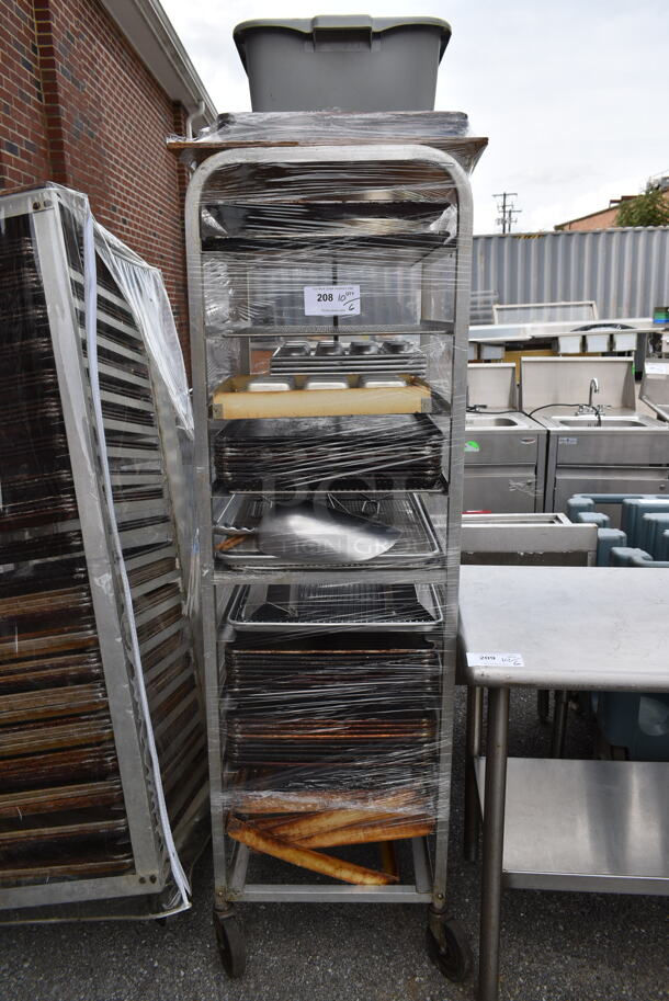 Metal Commercial Pan Transport Rack w/ Contents Including 20 Metal Baking Pans on Commercial Casters.  - Image 1 of 4