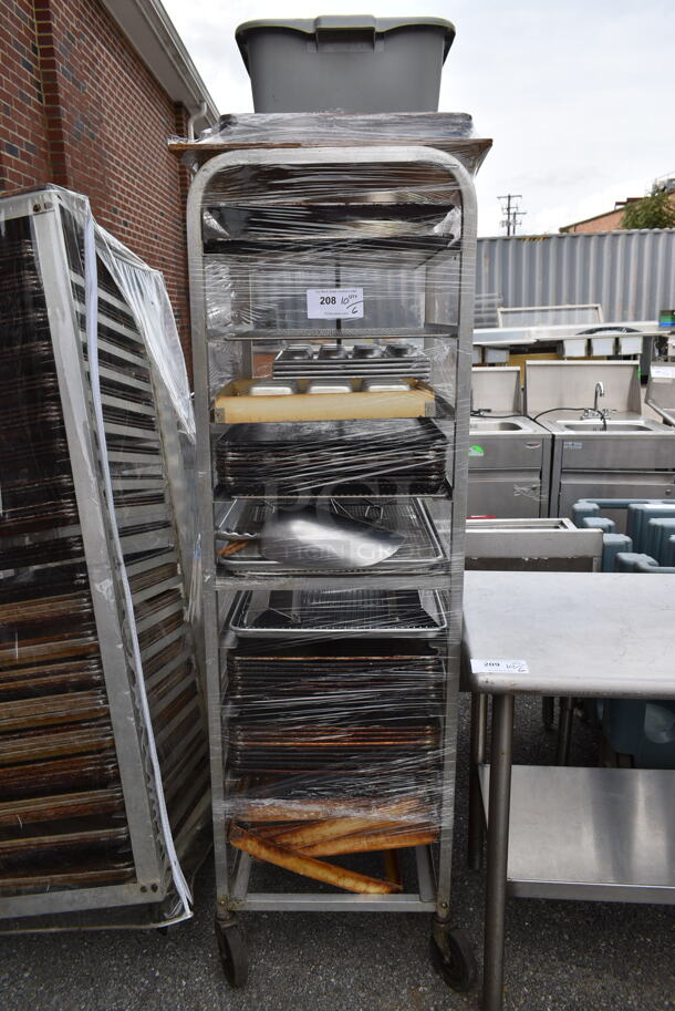 Metal Commercial Pan Transport Rack w/ Contents Including 20 Metal Baking Pans on Commercial Casters. 