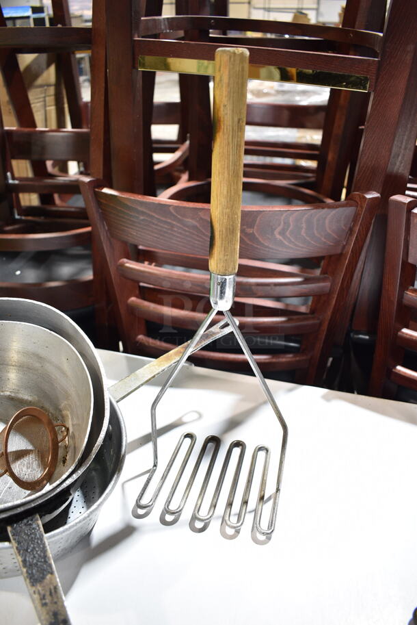 ALL ONE MONEY! Lot of Various Items Including Choice Green Poly Lettuce Spinner, Metal Sauce Pans, Masher and Scale.  - Image 2 of 7