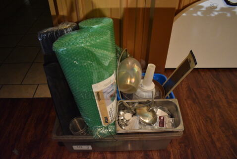 ALL ONE MONEY! Lot of Various Items Including Bubble Wrap, Stainless Steel Drop In and Parts In Clear Poly Bin. (bar)
