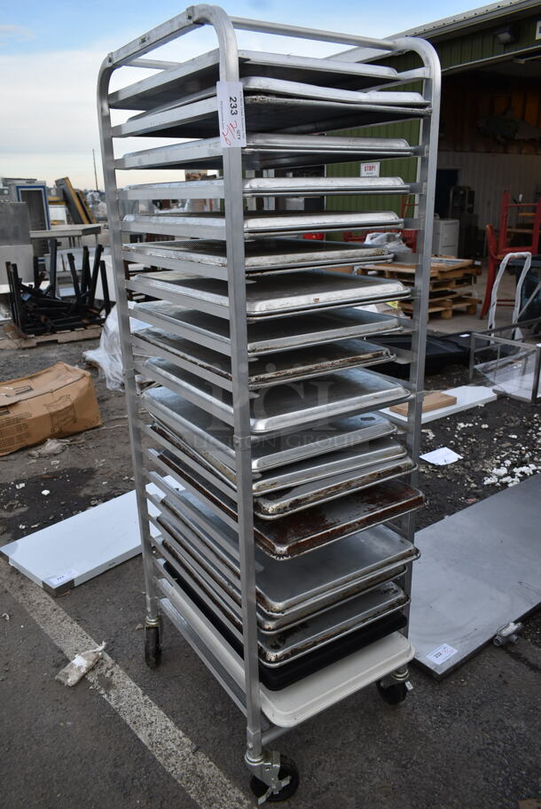 Metal Commercial Pan Transport Rack w/ 18 Metal Baking Pans on Commercial Casters.  - Image 2 of 2