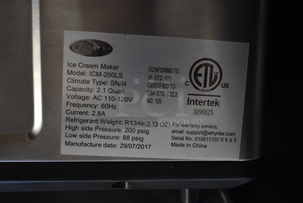 BRAND NEW SCRATCH AND DENT! Whynter ICM-200LS 2.1 Quart Capacity Automatic Compressor Ice Cream Maker in Stainless Steel. 115 Volts, 1 Phase. Tested and Working! - Image 6 of 6