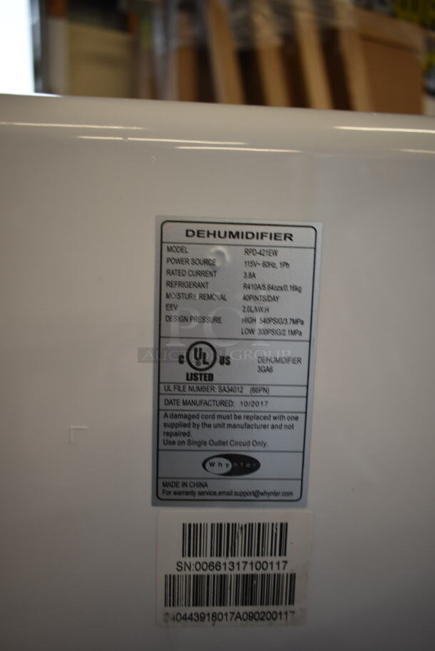 BRAND NEW SCRATCH AND DENT! Whynter RPD-421EW 40 Pint Energy Star Dehumidifier Auto Restart & Direct Drain. 115 Volts, 1 Phase. Tested and Working! - Image 6 of 6