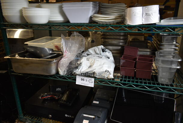 ALL ONE MONEY! Five Tier Lot of Various Items Including Stainless Steel Drop In Bins and Dishes. Does Not Include Shelving Unit. - Image 6 of 6