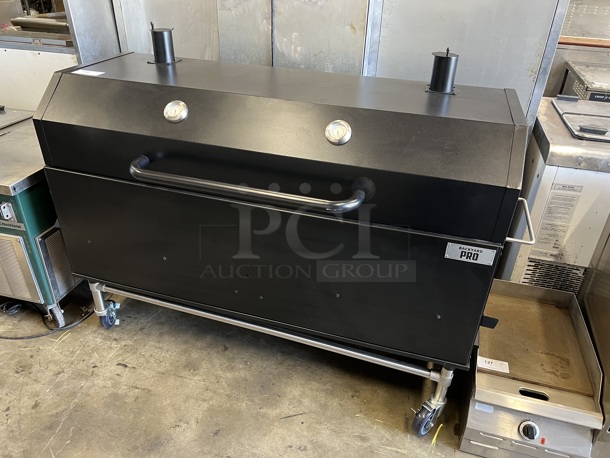 BRAND NEW SCRATCH AND DENT! Backyard Pro 554SMOKR60KD Metal Commercial Wood / Charcoal Smoker Grill on Commercial Casters. 70x30x44 - Image 1 of 7