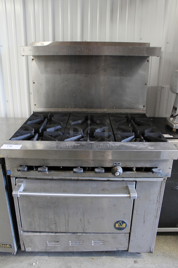 Garland S-6-26 Stainless Steel Commercial Natural Gas Powered 6 Burner Range w/ Oven, Over Shelf and Back Splash.  - Image 1 of 6