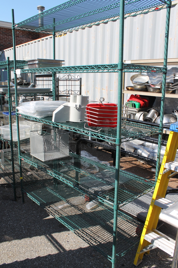 Metro Green Metal 5 Tier Wire Shelving Unit w/ Contents Including Stainless Steel Drop In Bins. BUYER MUST DISMANTLE. PCI CANNOT DISMANTLE FOR SHIPPING. PLEASE CONSIDER FREIGHT CHARGES. - Image 1 of 4