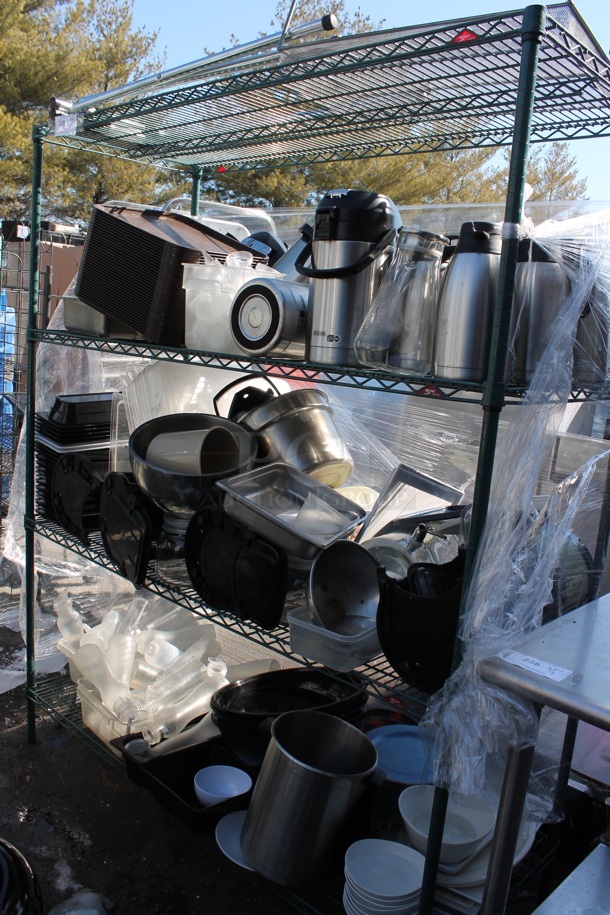 Metro Green Metal 4 Tier Wire Shelving Unit w/ Contents Including Air Pots and Urns. BUYER MUST DISMANTLE. PCI CANNOT DISMANTLE FOR SHIPPING. PLEASE CONSIDER FREIGHT CHARGES. - Image 1 of 6