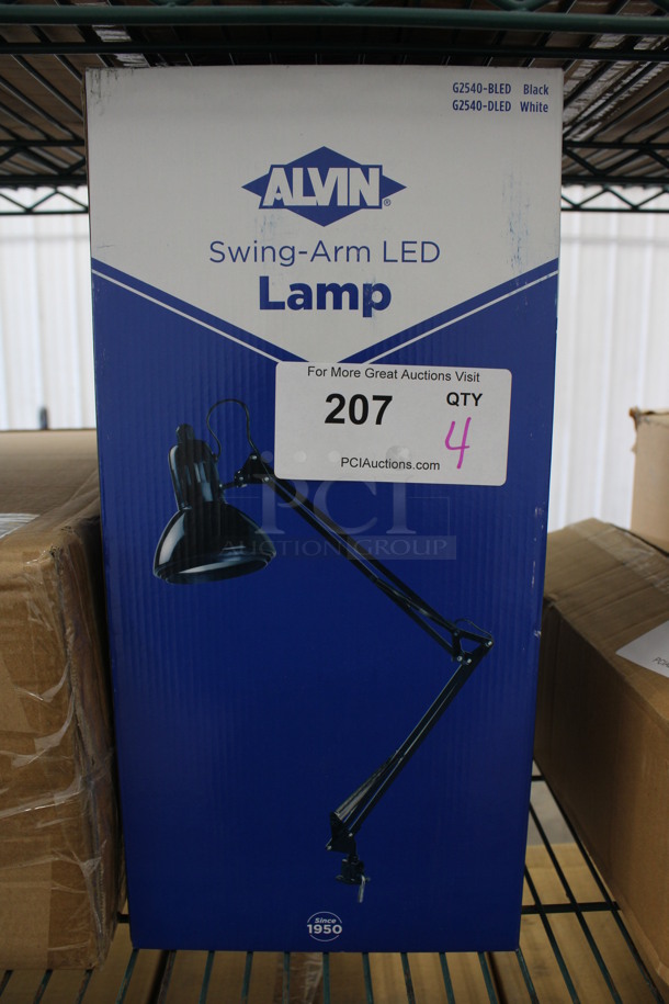 4 BRAND NEW IN BOX! Alvin G2540-BLED Black Metal Swing Arm LED Magnifier Lamps. 4 Times Your Bid!