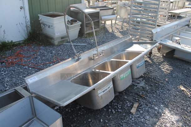 Stainless Steel Commercial 3 Bay Sink w/ Dual Drain Boards, Spray Nozzle Attachment and Handles. No Legs. - Image 2 of 7