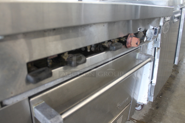 Garland SunFire SX-6-26 Stainless Steel Commercial Natural Gas Powered 6 Burner Range w/ Oven, Over Shelf and Back Splash.  - Image 6 of 9