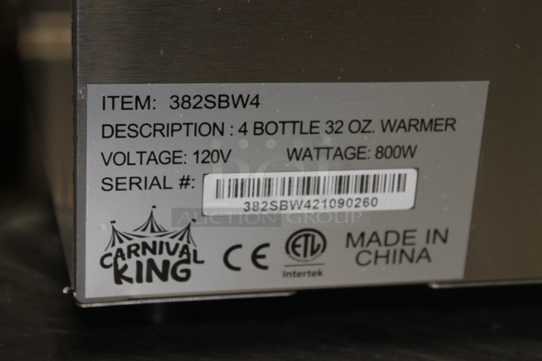 LIKE NEW! Carnival King 382SBW4 Stainless Steel Commercial Countertop Quad 32 oz. Sauce / Topping Bottle Warmer. 120 Volts, 1 Phase. Unit Has Only Been Used a Few Times! Tested and Working! - Image 7 of 8