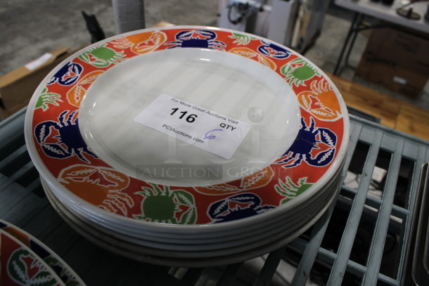 6 White Ceramic Plates w/ Multi Color Crab Design on Rim. 12x12x1. 6 Times Your Bid! - Image 2 of 3