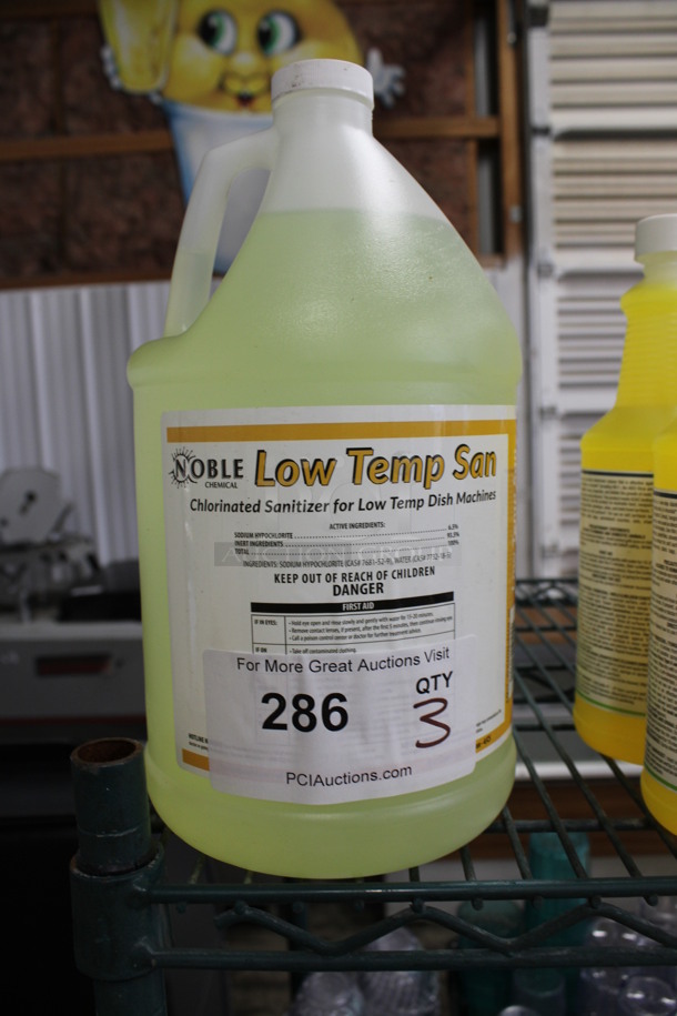3 Noble Low Temp San Chlorinated Sanitizer for Low Temp Dish Machines Jugs. 6x6x12. 3 Times Your Bid!