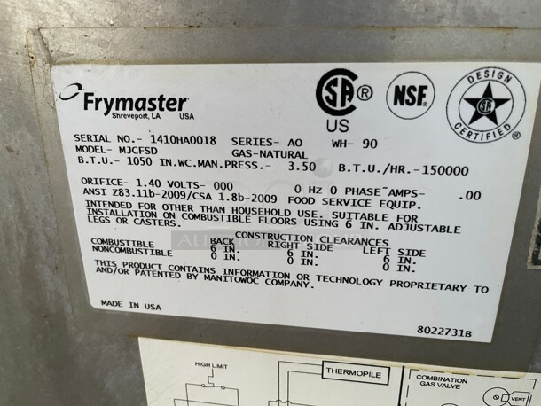 Working! 2014 Frymaster  Natural Gas Commercial Heavy Duty Large Size Floor Fryer 80 lb NSF Tested and Working! - Image 4 of 10