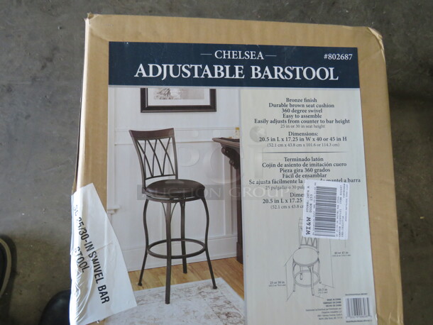 One NEW Metal Bar Height Chair With Cushioned Swivel Seat And Footrest. Assembly Required.