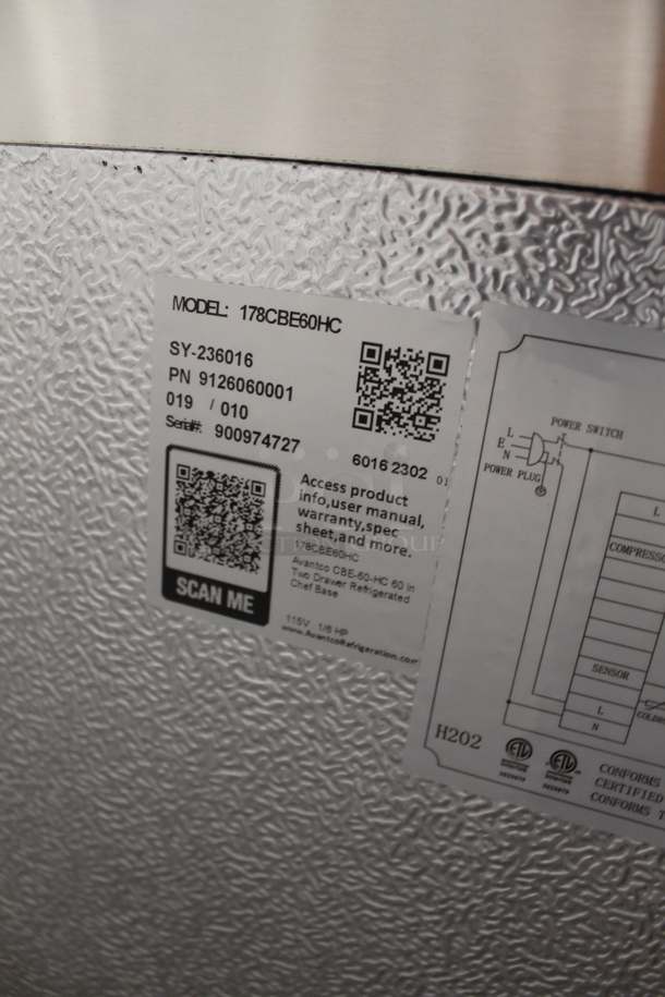 BRAND NEW SCRATCH AND DENT! Avantco 178CBE60HC Commercial Stainless Steel Electric Two Drawer Refrigerated Chef Base. 115V. Tested And Working!  - Image 8 of 9
