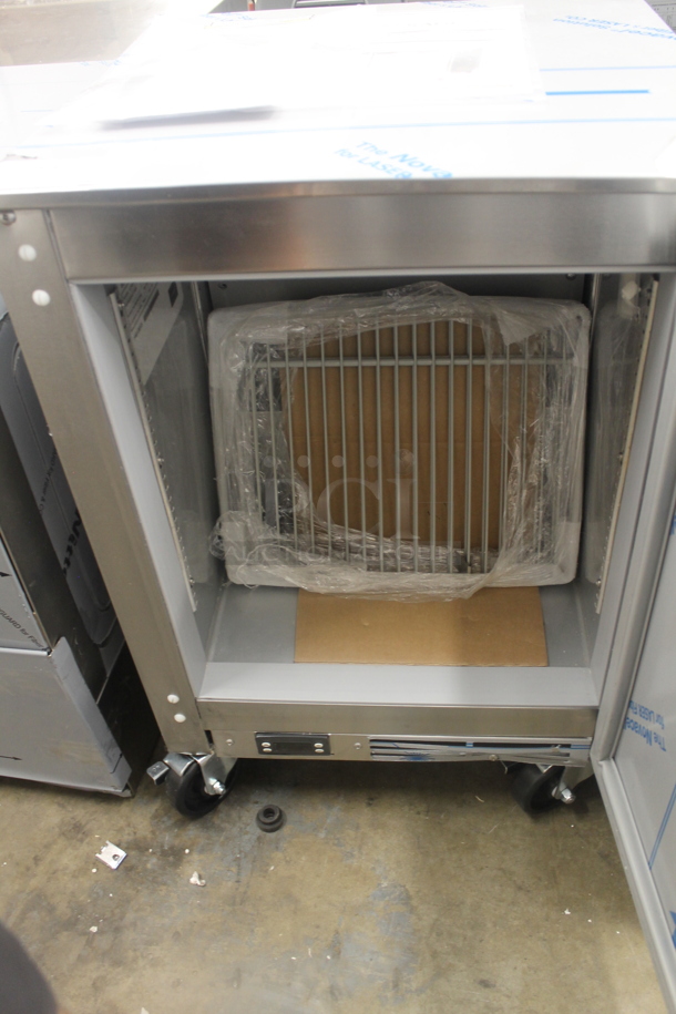BRAND NEW SCRATCH AND DENT!  Beverage Air UCR20HC-ADA Stainless Steel Commercial 20" Low Profile Undercounter Single Door Cooler on Commercial Casters. 115 Volts, 1 Phase. Tested and Working! - Image 4 of 5